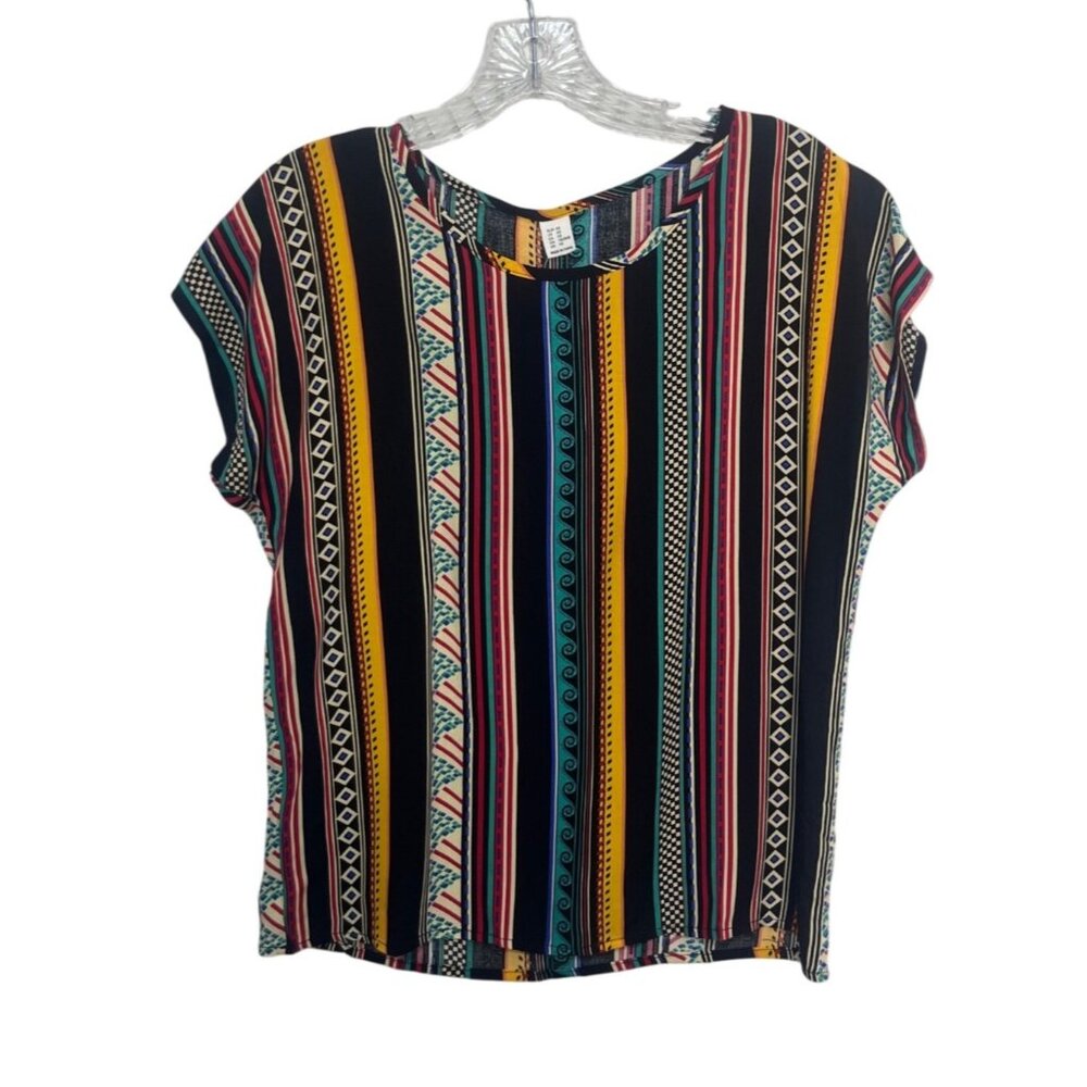 Floerns Striped Geometric Print‎ Short Sleeve Top  Womens XS Multicolor New